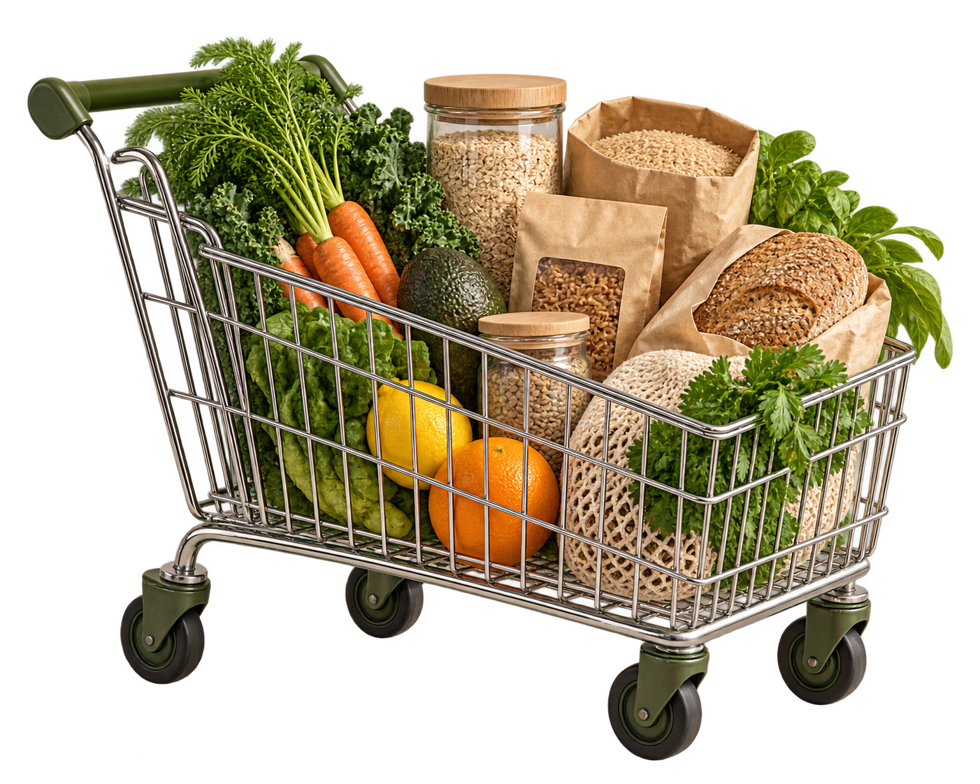 Wire grocery cart holding leafy greens, carrots, citrus, oats in a glass jar, brown rice in a paper bag, whole-grain pasta, and a loaf of whole-grain bread